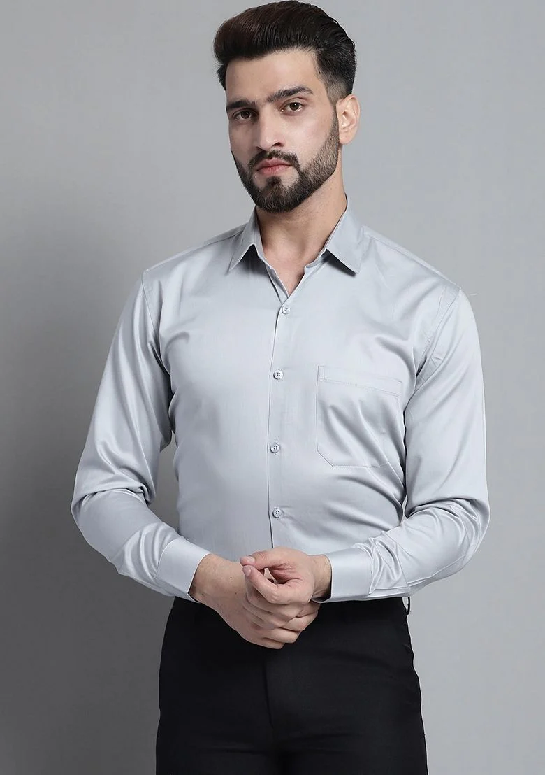 Grey Cotton Blend Shirt For Men