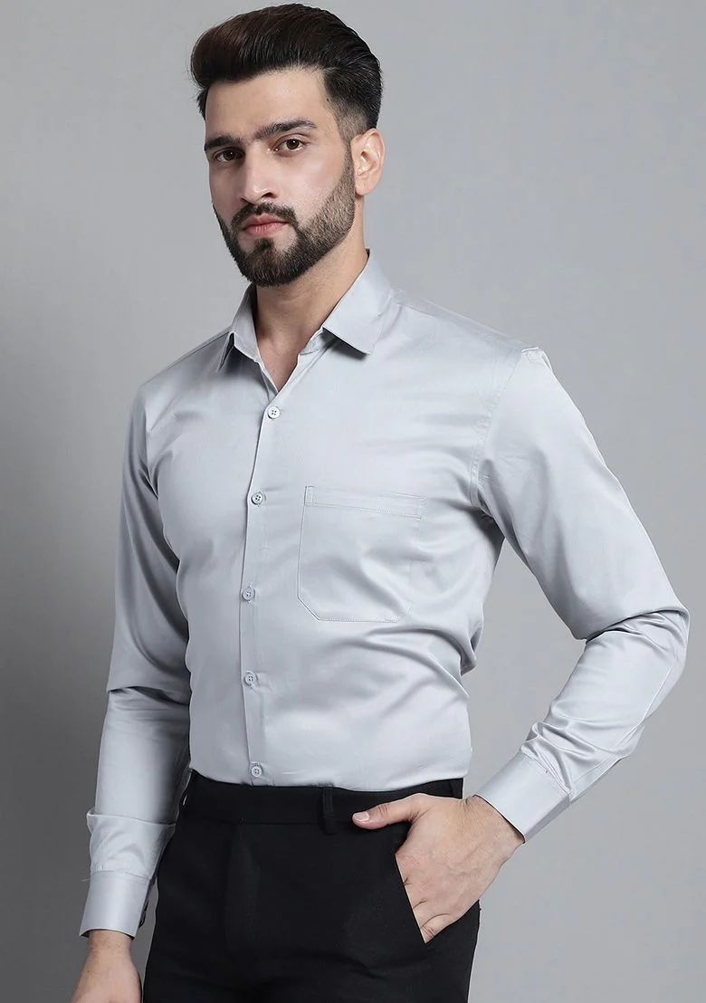 Grey Cotton Blend Shirt For Men