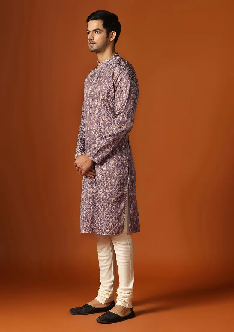 Mauve Embellished Cotton Blend Kurta