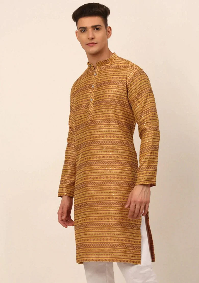 Yellow Printed Cotton Blend Kurta For Men
