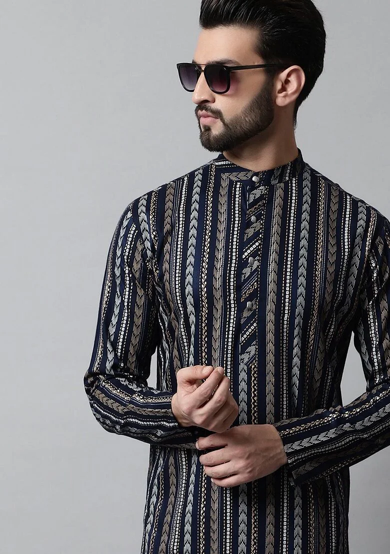 Navy Blue Printed Cotton Kurta For Men