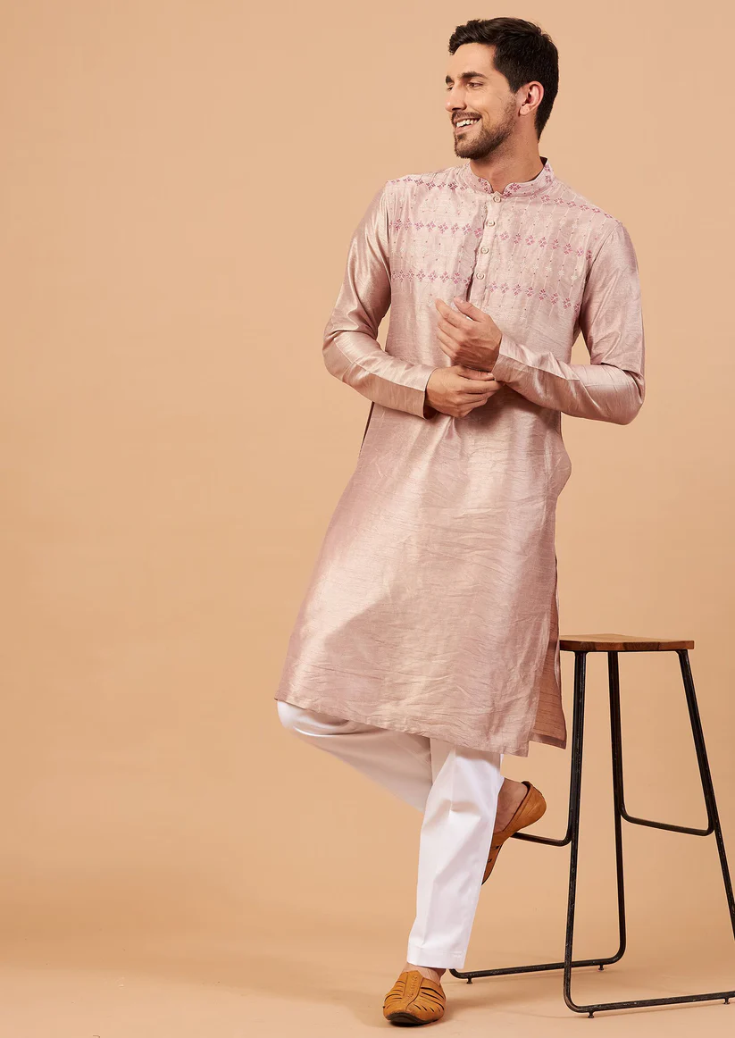 Beige Brown Floral Geometric Embroidered Kurta For Men