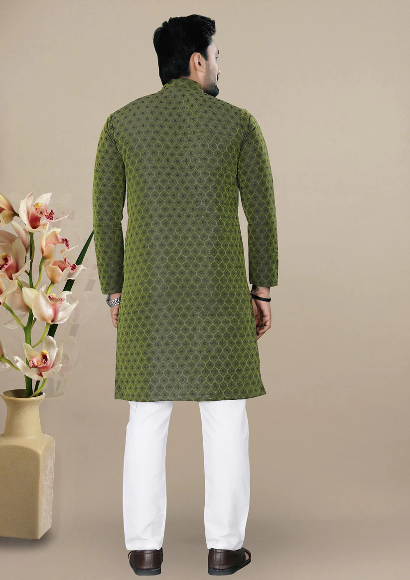 Green Embroidered Jacquard Kurta Set For Men