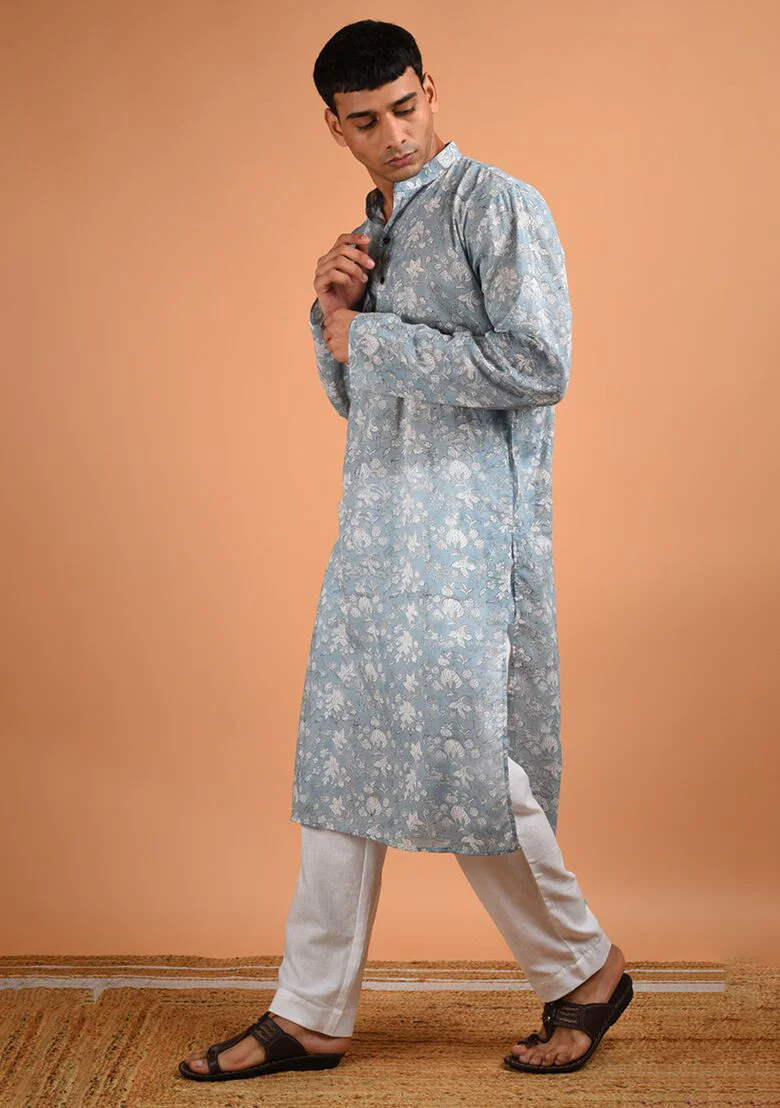 Mehtab Grey Block Print Kurta For Men