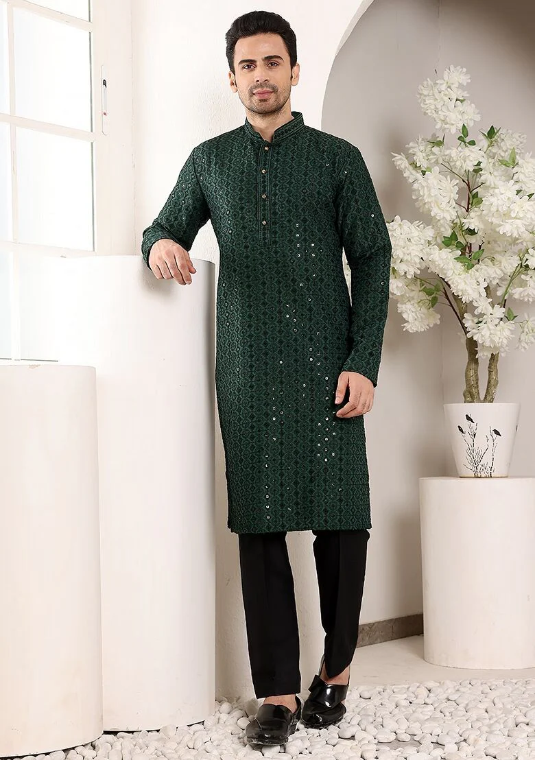 Dark Green Embellished Viscose Silk Kurta For Men