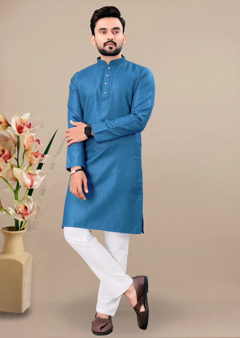 Rama Blue Embroidered Cotton Blend Kurta Set For Men