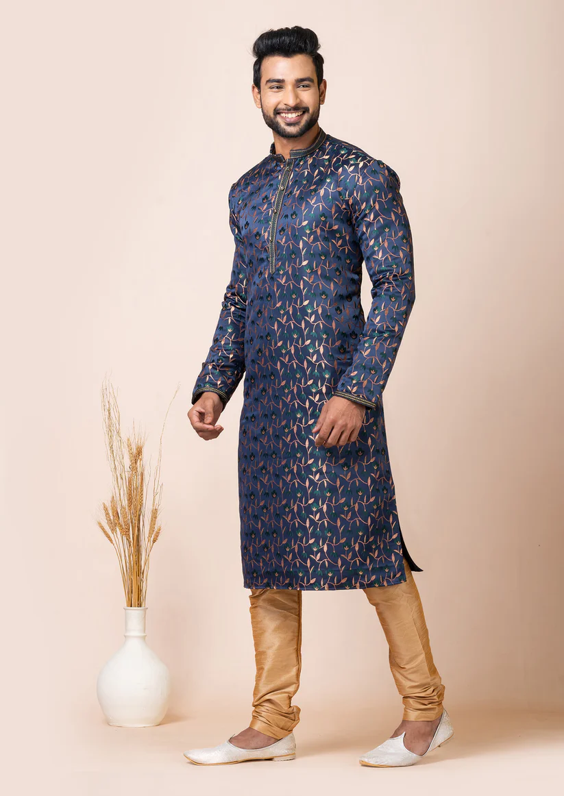 Navy Blue Cotton Jacquard Kurta Set