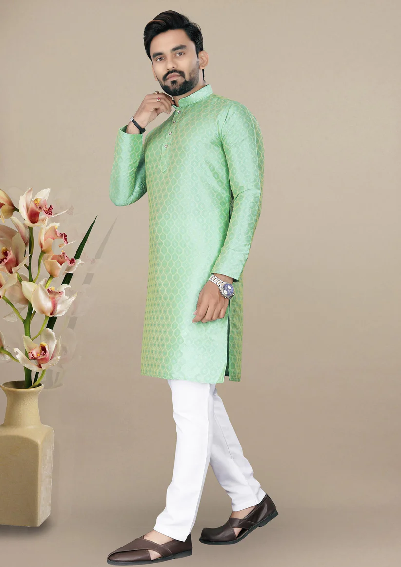 Pista Green Embroidered Jacquard Kurta Set For Men