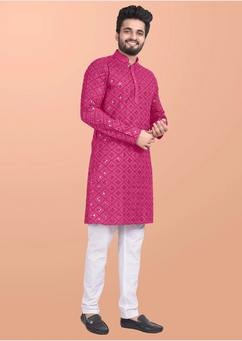 Pink Embroidered Cotton Blend Kurta Set For Men