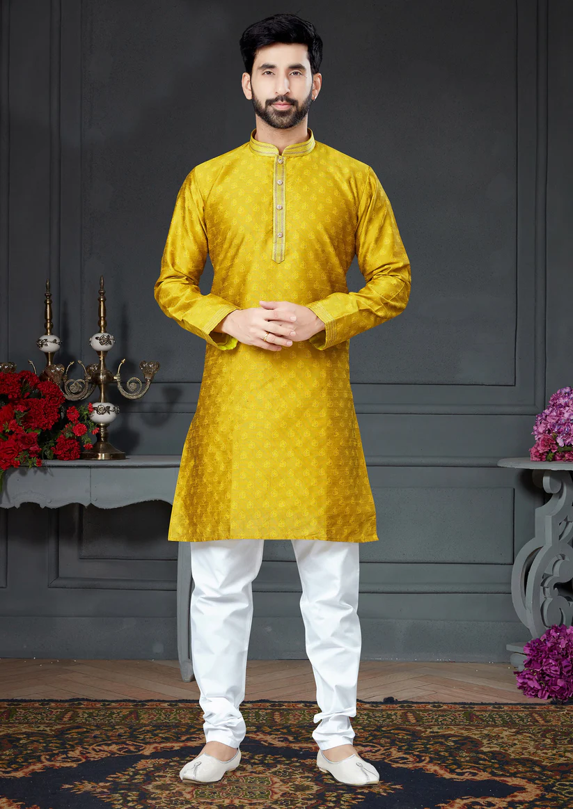 Bright Yellow Embroidered Cotton Art Silk Kurta Set For Men