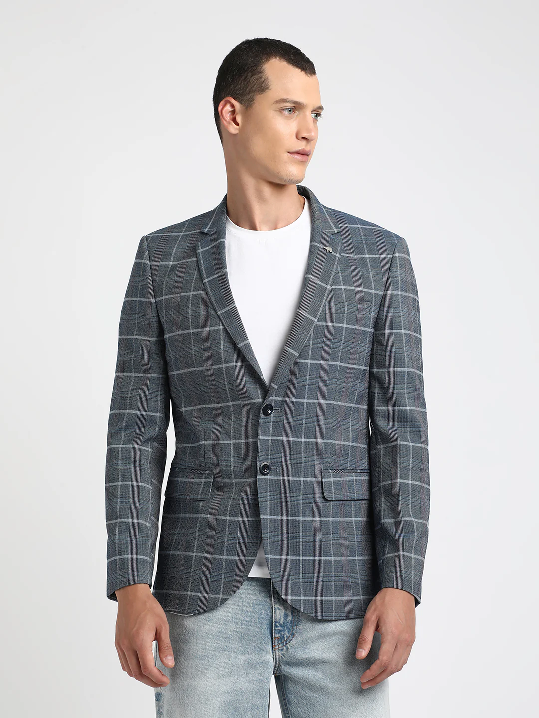 Blue Checked Tailored Fit Single-Breasted Formal Blazer