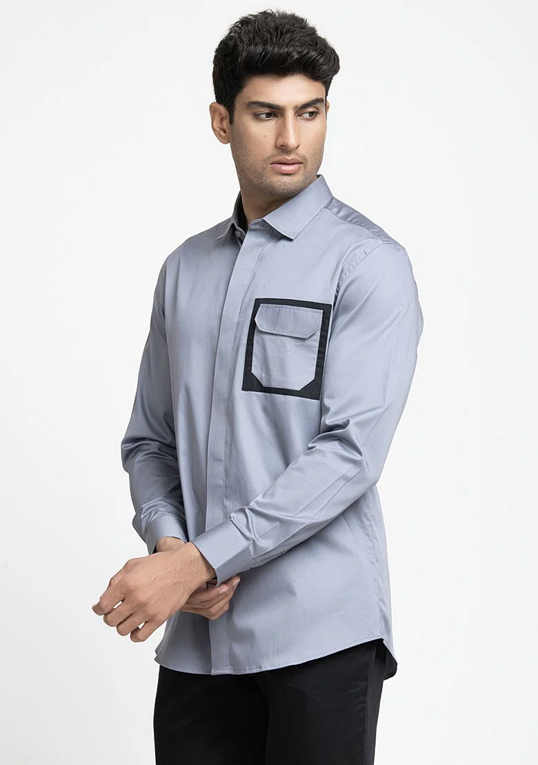 Grey Patch Work Giza Cotton Shirt For Men